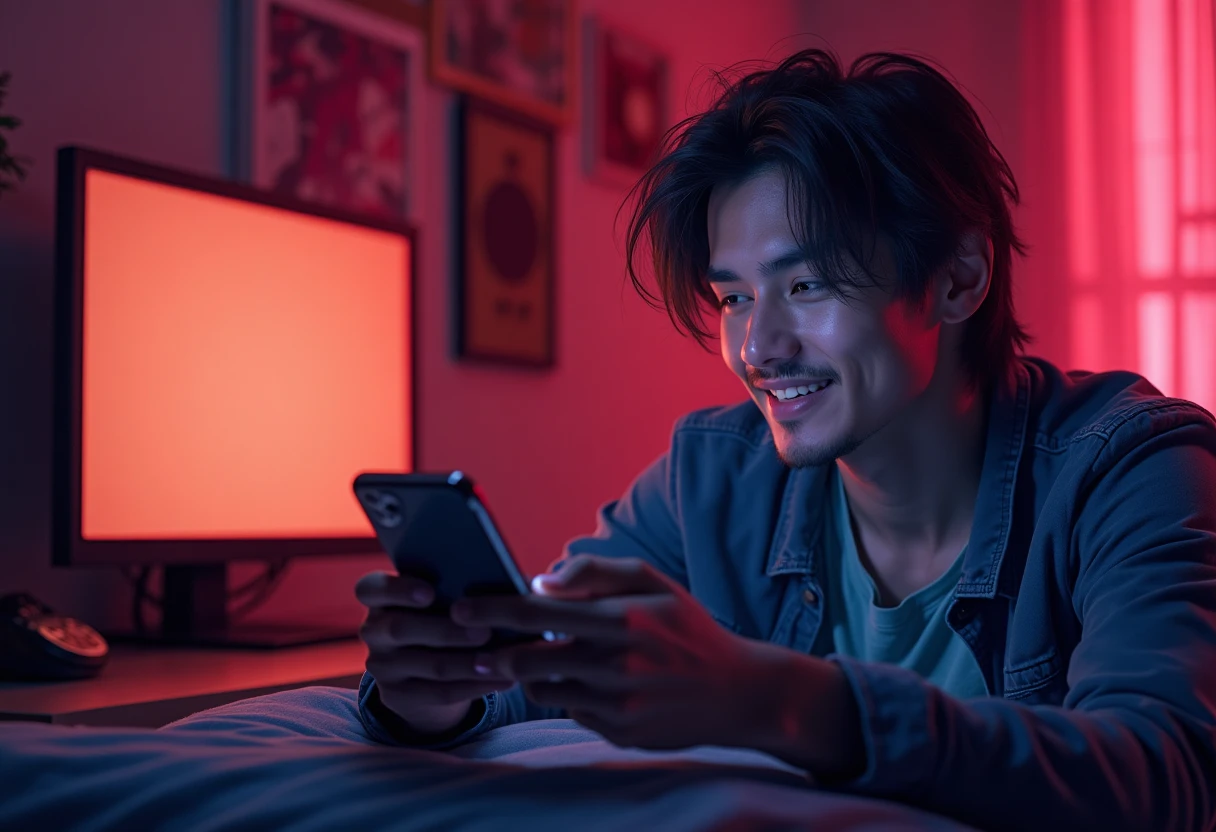 Giocatore felice mentre prova un nuovo gioco mobile